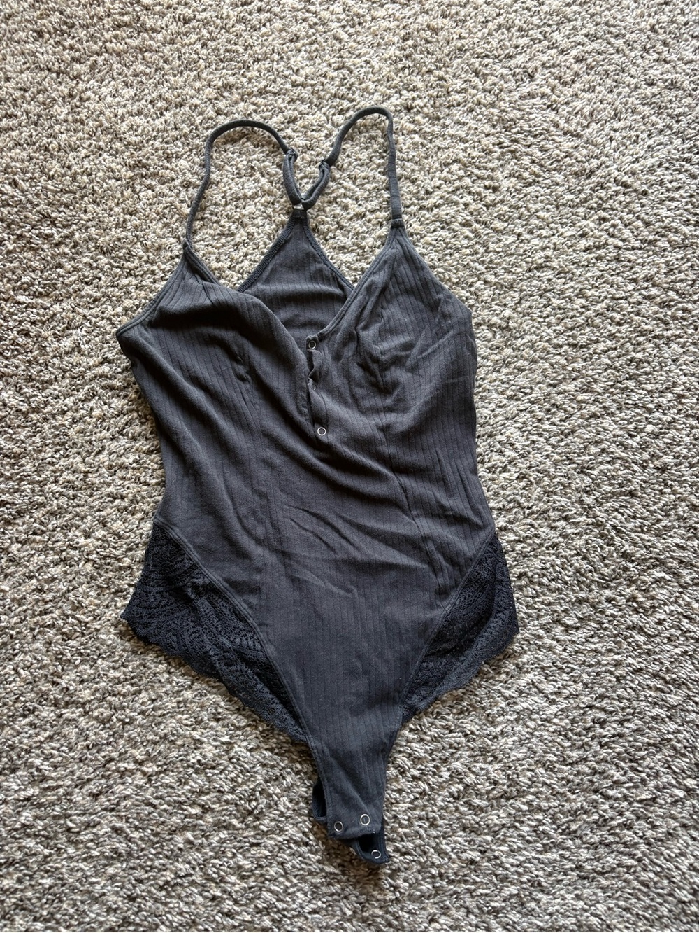 Black Ribbed Lace-Trim One-Piece Bodysuit